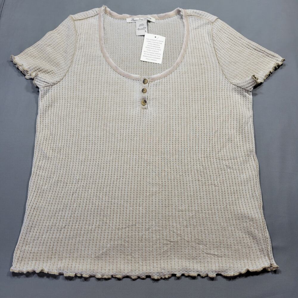 American Rag Cie Women Shirt Size L Tan Knit Preppy Raw Lettuce Hem Short Sleeve